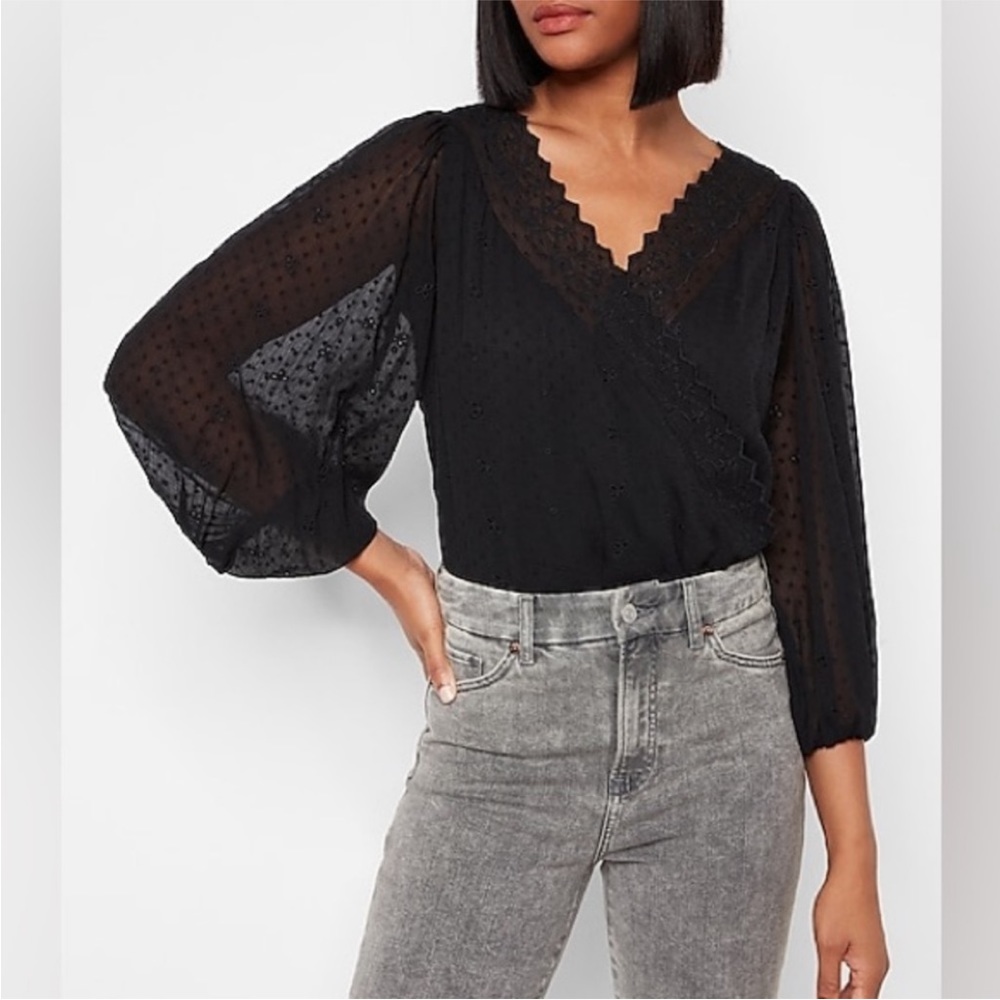 Express Black Eyelet Trim Faux Wrap Thong Bodysuit